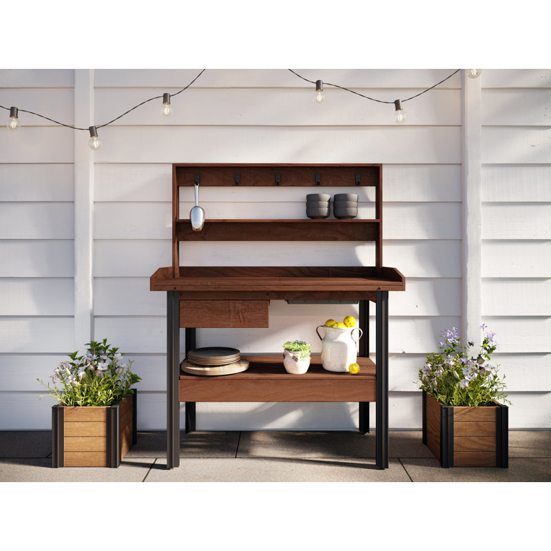 Vita 46" Dark Brown Cedar Potting Bench with Hooks