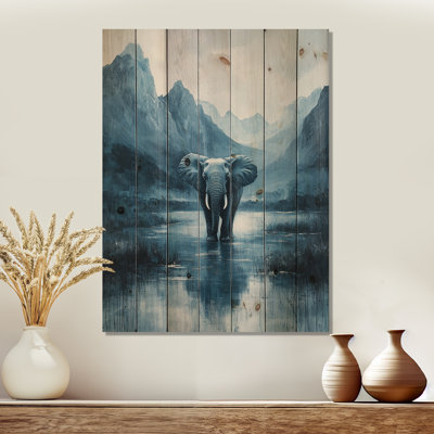 Éléphant d'Afrique moderne dans les montagnes II - Éléphant, art mural en bois animal - sur bois de pin naturel