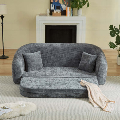 Canapé-lit inclinable incurvé convertible de 87 pouces, canapé-lit 2 en 1 rabattable avec base coulissante et siège profond, comprend deux coussins, fauteuil inclinable en chenille, aucun assemblage requis