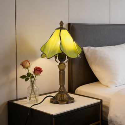 Tiffany Style Green Petal Stained Glass Table Lamp, Antique Bronze Resin Base, E26 Warm Bulb Included, Vintage Accent Lamp