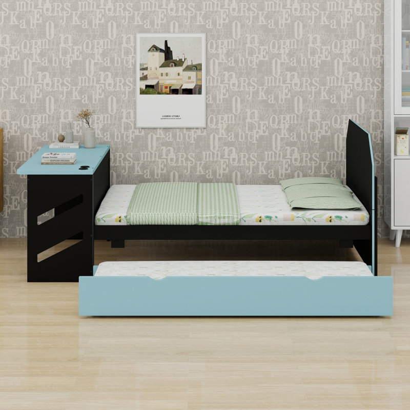 Lit de jour avec lit gigogne, bureau et USB, pour la chambre à coucher et le bureau personnel, Bleu nuage
