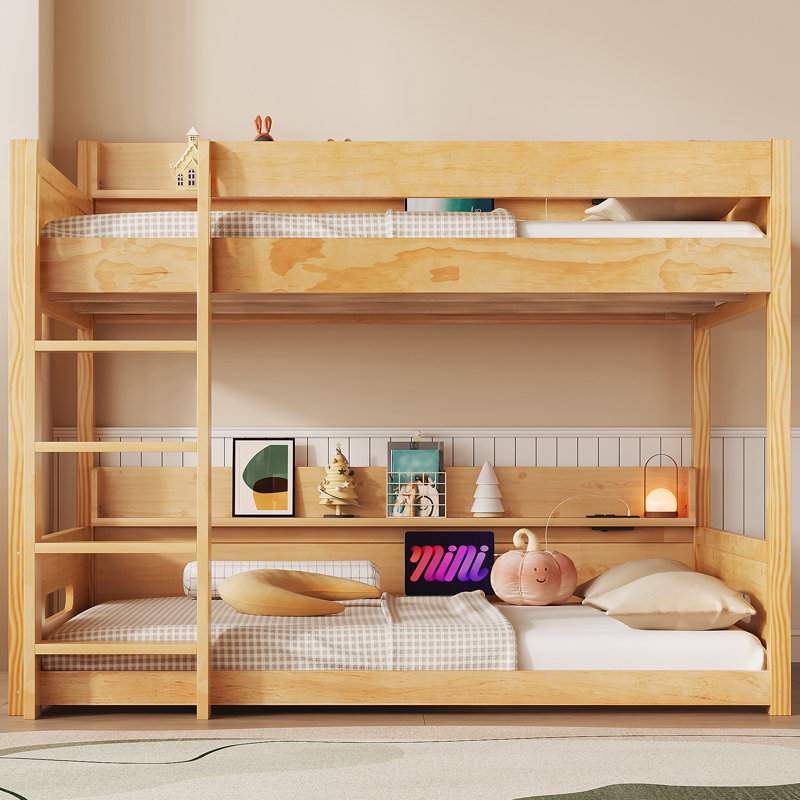 Queen Over Queen Bunk Bed, Built-In Storage Shelves & Charging Station, Contemporary Minimalist, Shared Bedroom, Wood