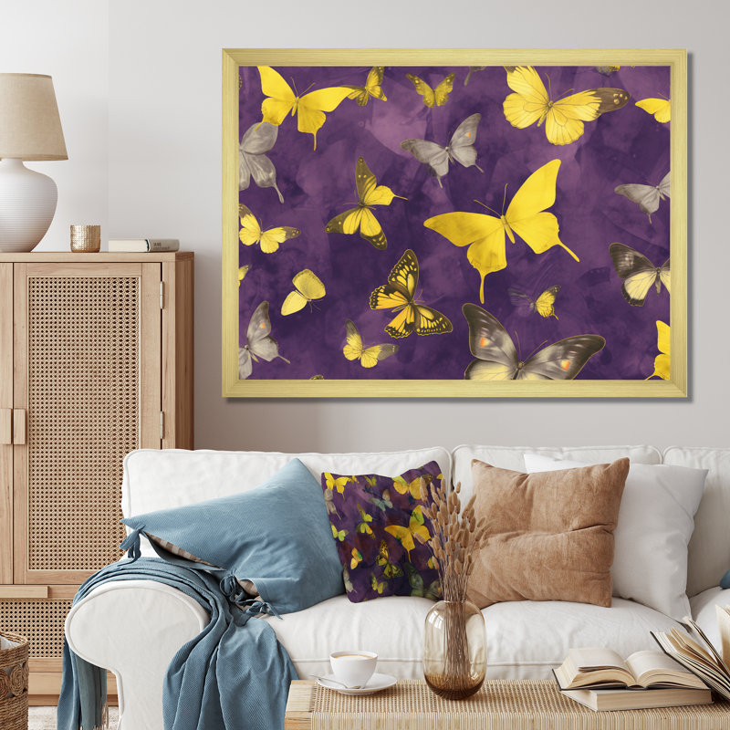 Papillon jaune et mauve, Cadre doré à une seule photo, H 30 po x l 40 po x P 1,5 po