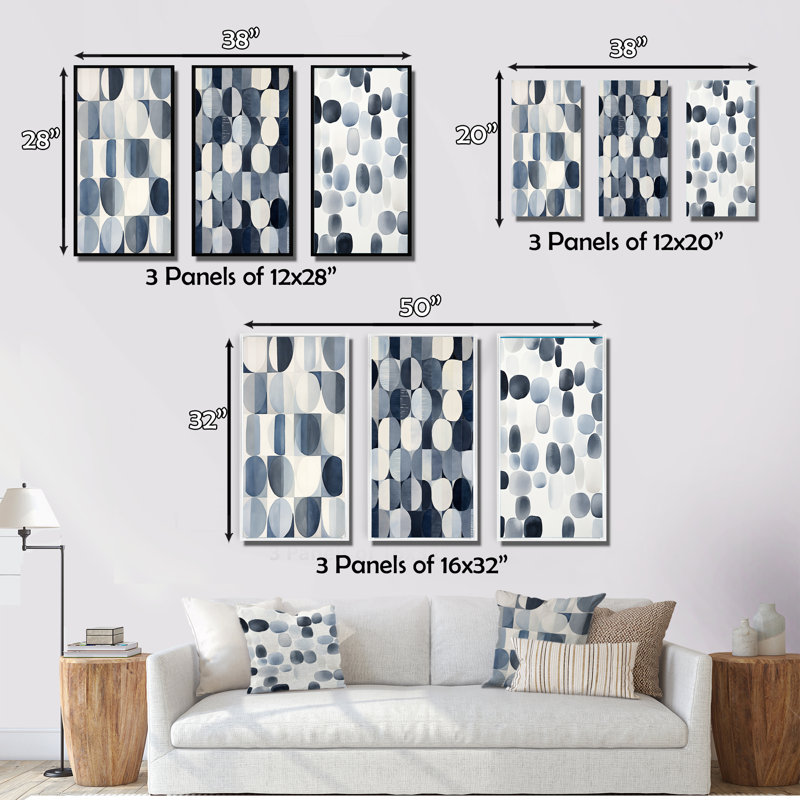 «Universal Grid Circular Watercolor Retro Blue», 3 pièces sur toile, Cadre naturel flottant, H 20 po x l 36 po
