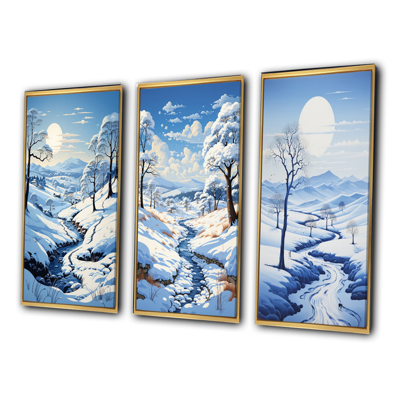«Snow Winters Solitude», 3 pièces sur toile, Cadre flottant doré, H 28 po x l 36 po