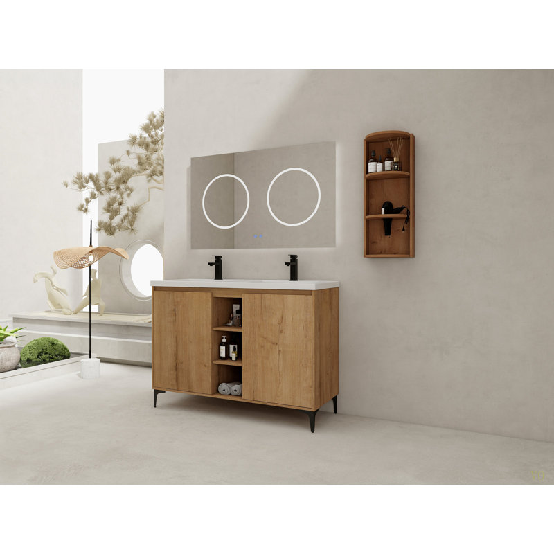 Meuble-lavabo autoportant 48 po avec double lavabo et support de rangement, portes à fermeture douce, armoire combinée (KD-Packing)