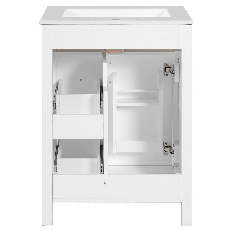 Meuble-lavabo de 24 pouces avec lavabo en céramique, tiroirs et portes à fermeture en douceur, compartiments de rangement intelligents, durabilité à 1 porte, 2 tiroirs, poignées élégantes en alliage d'aluminium