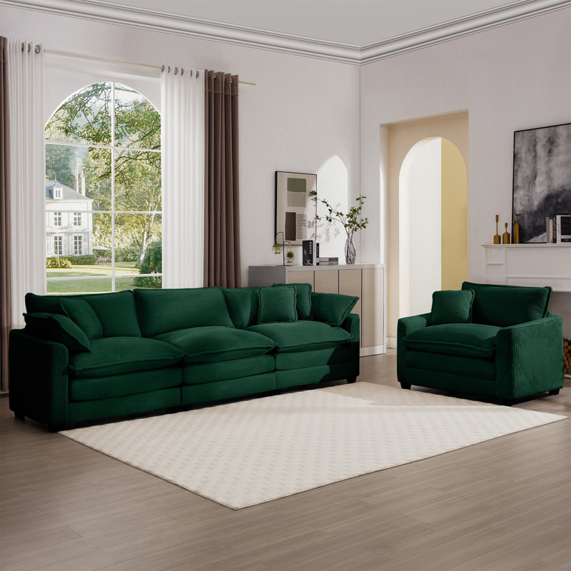 Warm And Cozy Sofa Set With Soft Cushions And Pillows, Corduroy Fabric, Green Corduroy