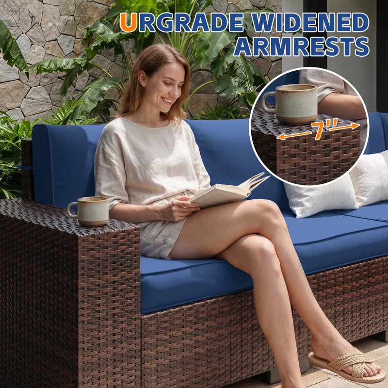 5 - Person Wicker Outdoor Modular Sectional Seating Group with Cushions, Navy Cushion/Brown Frame, 6 Pcs: Table, 5 Chairs