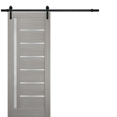 Quadro Frosted Glass Panelled Manufactured Wood Barn Grey Door with Installation Hardware Kit