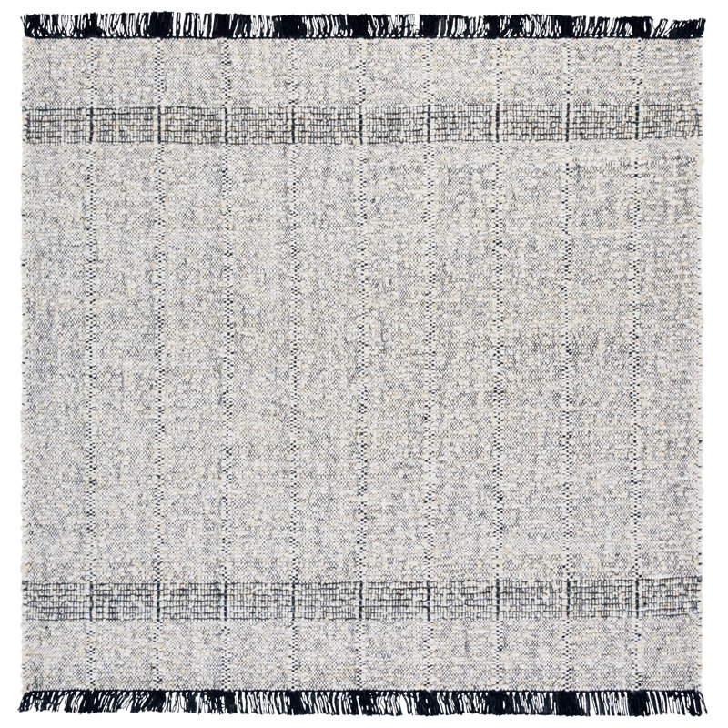 Manhattan Hand Woven Wool/Cotton Solid Color Rug in Ivory/Black, Rectangle 3' x 5'