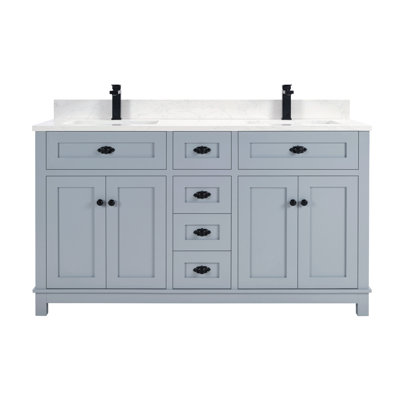 Meuble-lavabo en bois massif 60 po avec comptoir en pierre reconstituée et lavabo double 60 po