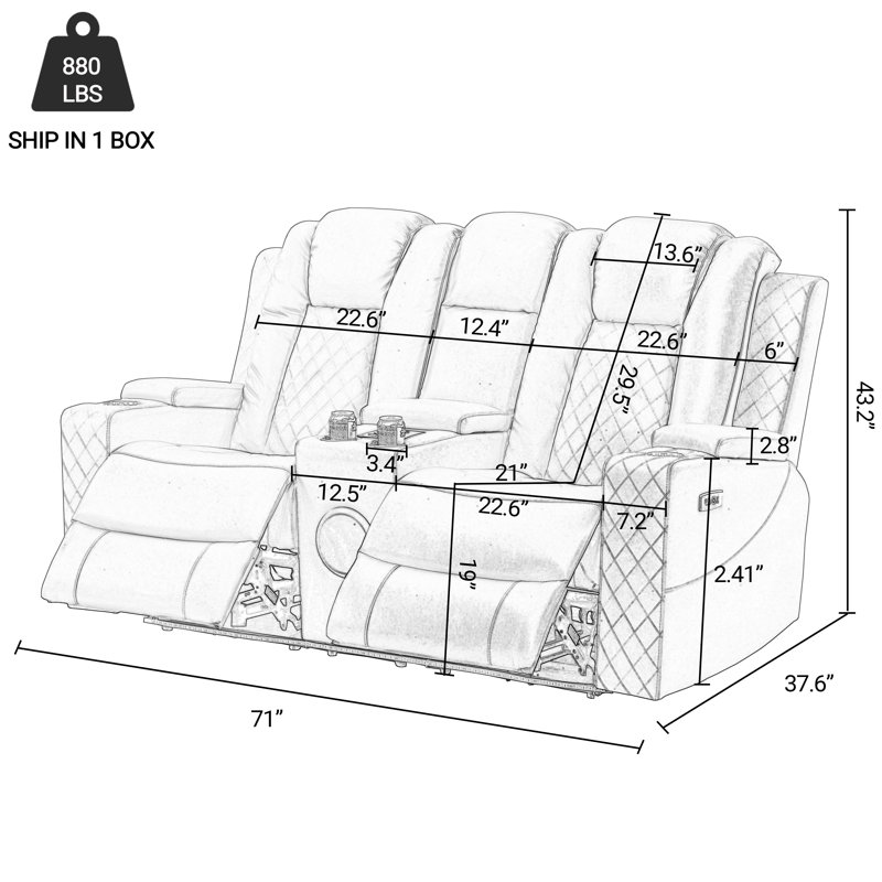 Tiertza Dual Motor Power Reclining Sofa with Bass Speaker, Hidden Storage, Cup Holder, Black