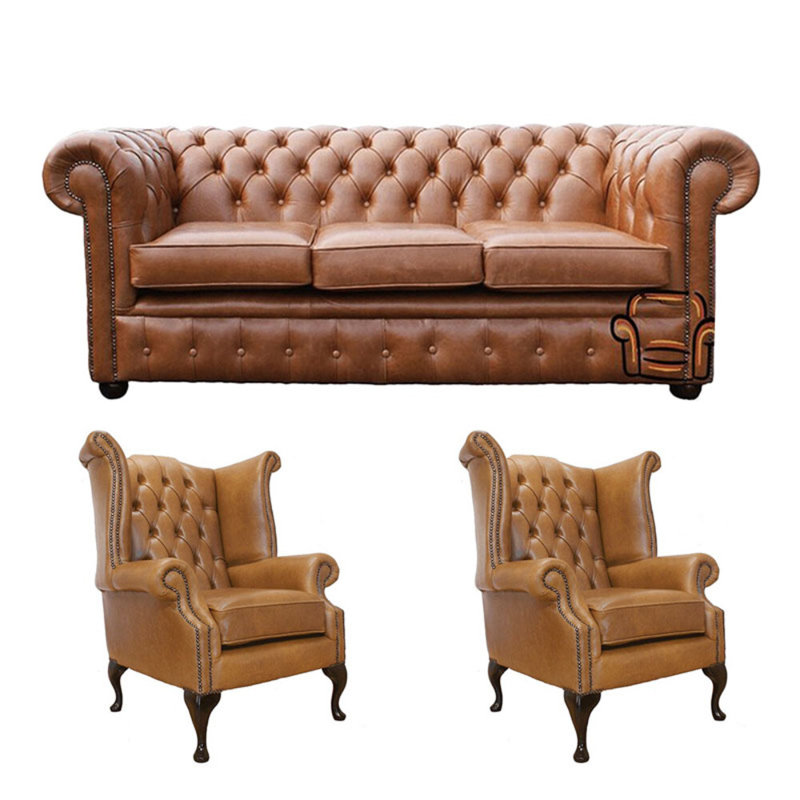 Chesterfield 3 Seater Sofa + 2 X Queen Anne Chairs Old English Leather Sofa Offer, Tan