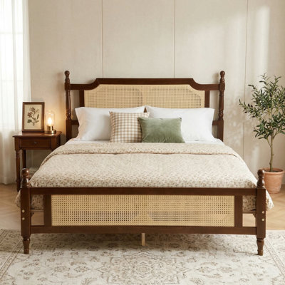 Premium Solid Rubberwood Queen Platform Bed Frame With Natural Rattan Headboard And Footboard, Mid-Century Modern Boho Style Bed, No Box Spring Needed, Reinforced Slat Support, Warm Walnut Finish