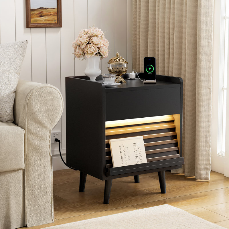 Table de chevet 2 tiroirs avec lumières DEL et prises de courant l 19,69 po Allysyn, Individuel, Noir