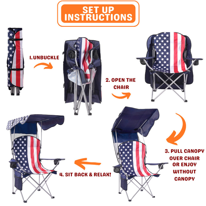 Portable Chair With Shade Canopy Beach Chairs For Adults Canopy Shade Seating Camping And Folding Chairs For Outside, Flag