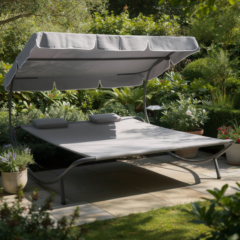 Lit de jour d'extérieur Mei avec auvent réglable et 2 coussins, tissu Oxford gris, Gris