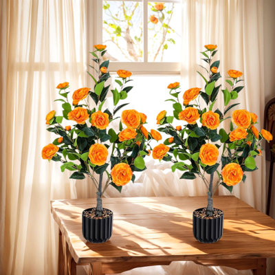 Camélia artificiel, paquet de 2, plante de camélia artificielle en pot de 36 po avec fleurs orange