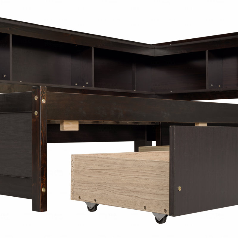 Structure de lit simple pour bibliothèques en forme de L avec prises de courant, avec ports de charge USB, deux tiroirs