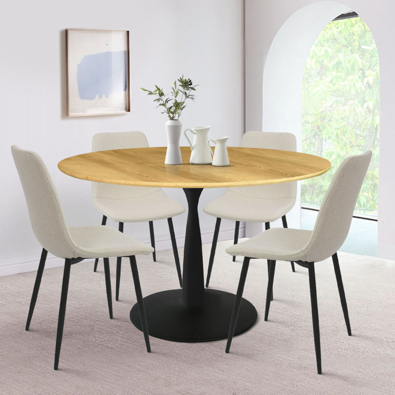 Bassey 4-Person Dining Set with 35" W Round Pedestal Table, Ivory, Black