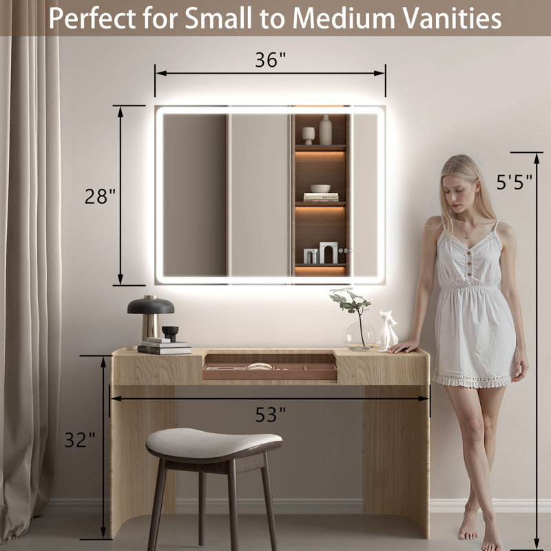 Modern LED ETL Certified Frameless Font&Backlit Anti-Fog Dimmable 3-Color Rectangular Vanity Mirror For Bathroom, 28" x 36"