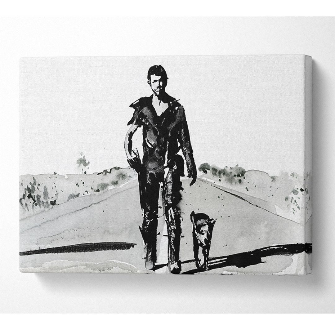 Mad Max Highway Spaziergang mit Hund B N W - Kunstdrucke auf Leinwand