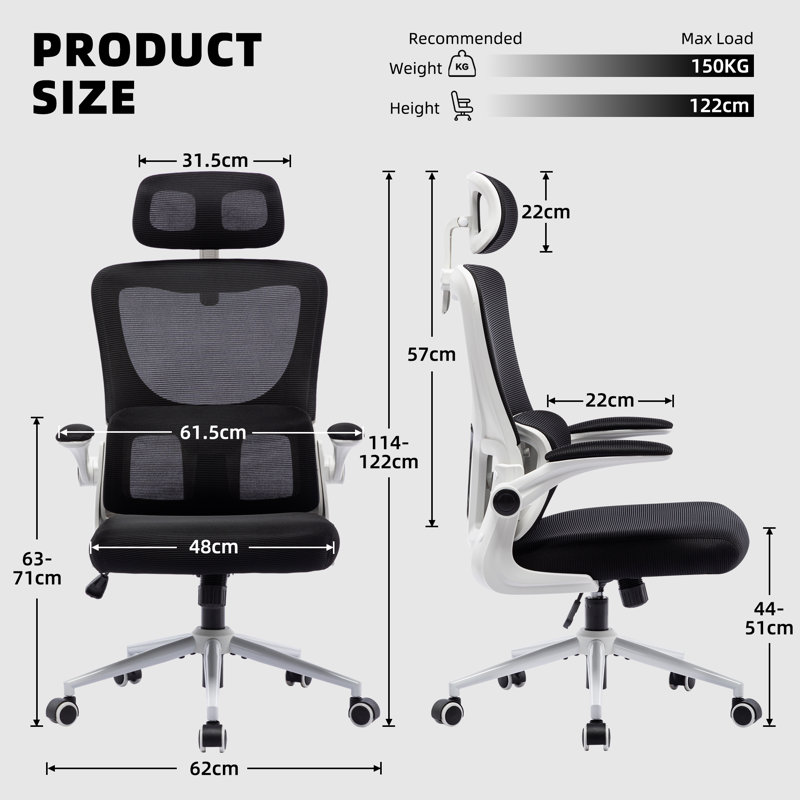Tunney Ergonomic Height-Adjustable Mesh Office Chair with Headrest, White/Black