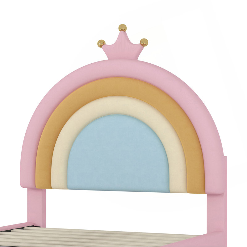 Upholstered Rainbow Design Bed, Velvet Princess Platform Bed With Storage Drawer, No Box-Spring Needed,Colorful&Pink