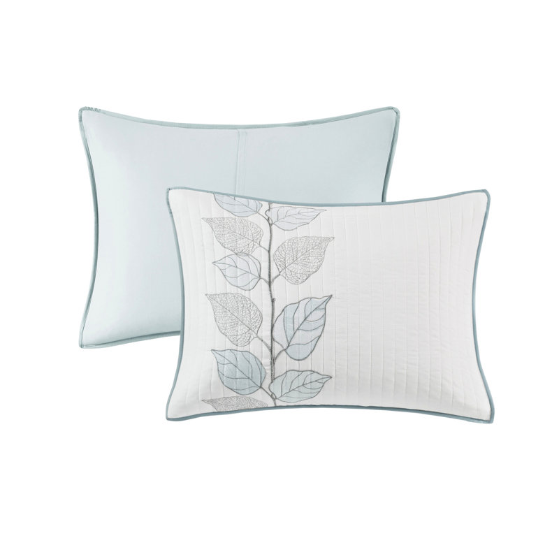 Courtepointe 6 pièces avec imprimé floral bleu blanc, double / grand, microfibre, taies décoratives brodées à la décoloration, accent élégant