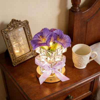 Table Lamp Morning Glory Flower Design, Crystal Touch Control Night Light with Artificial Blooms, Rechargeable Cordless LED Lamp for Bedroom, Office & Kitchen Decor