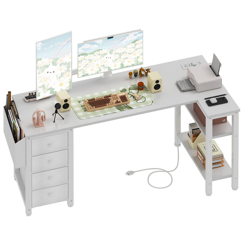 Bureau d'ordinateur en L avec tiroirs et tablettes de rangement Cheshire Outlets, Blanc, H 29,5 po x l 55,1 po x P 26,8 po