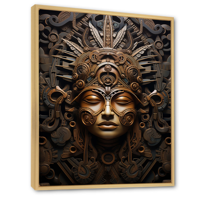 Masque aztèque antique sur toile, Cadre naturel flottant, 32" H x 16" W