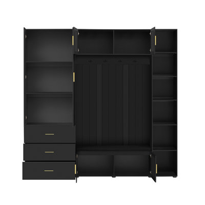 American Style 4-in-1 Hall Tree with Padded Bench, 4 Hooks and Adjustable Storage Shelves