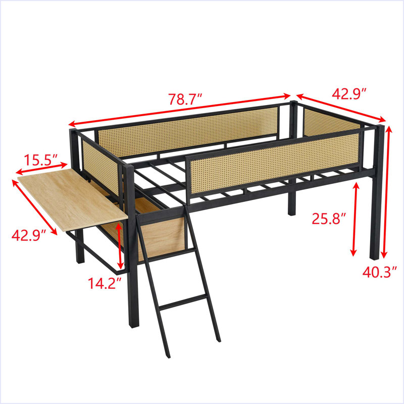Lit mezzanine simple en métal avec bureau rectangulaire, lumières DEL, lit double mezzanine à DEL avec tablettes de rangement et compartiments de rangement suspendus, barrière de sécurité et échelle