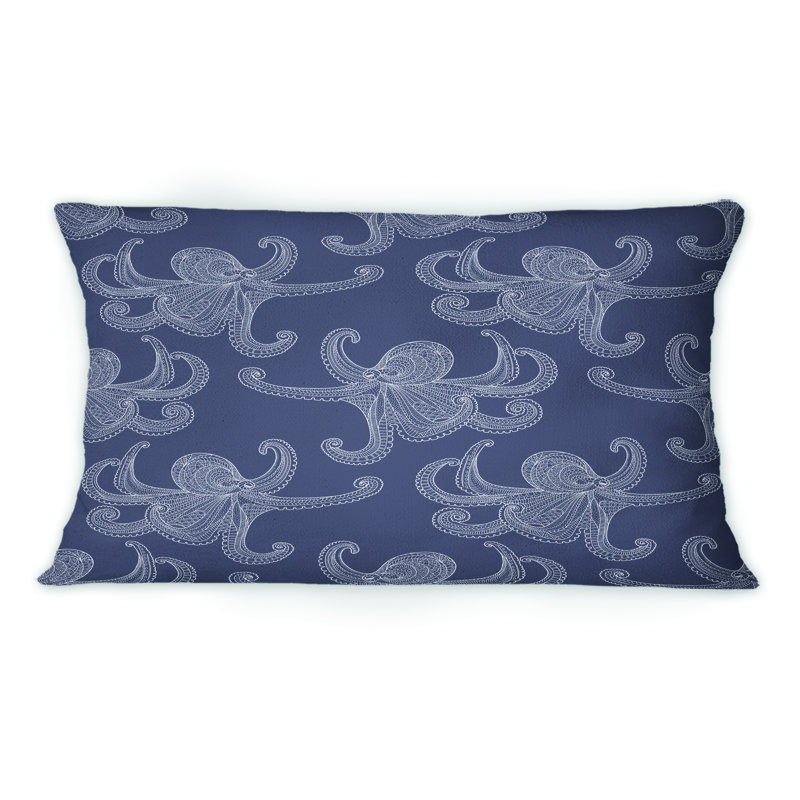 Coussin décoratif imprimé à motif de pieuvre blanche sur fond bleu foncé