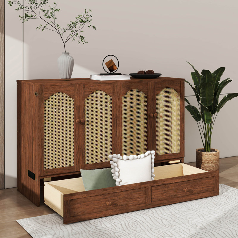 Élégante armoire-lit escamotable grand format avec station de charge intégrée et tiroir de rangement spacieux, Noyer