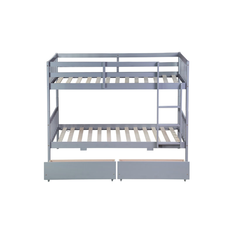 Lit superposé simple en bois d'hévéa avec 2 tiroirs, convertible en 2 lits simples, lit superposé simple avec échelle et garde-corps, gris