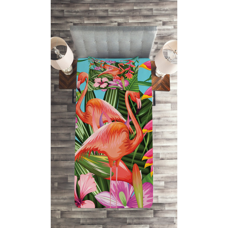 Tropical Flamingo Green Polyester Twin Bedspread Set