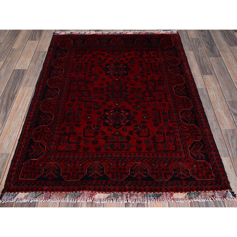 Tapis oriental 3 pi 5 po x 4 pi 9 po Khamyab afghan avec motif géométrique, laine douce et veloutée, teinture végétale nouée à la main, tapis oriental
