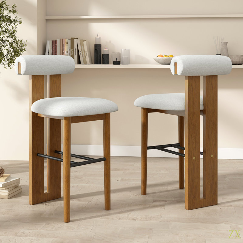 Tabouret de bar en bois rembourré Renee, ensemble de 2, Gris clair