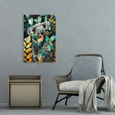 Curieux Koala, eucalyptus abstrait, paysage de forêt de koala contemporain, art mural