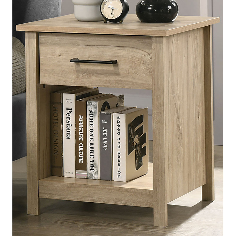 1-Drawer Nightstand, Bedside Table With Open Shelf, Light Oak