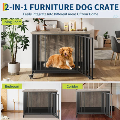 39 Inch Dog Crate Furniture with Removable Tray, Heavy-Duty Dog Cage with Lockable Wheels & Door