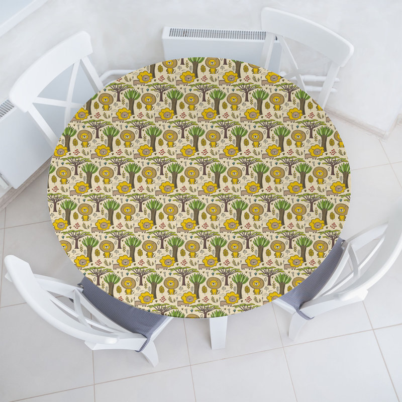 East Urban Home Cartoon Fitted Round Tablecloth Mustard Taupe and Beige, 67.72" Round