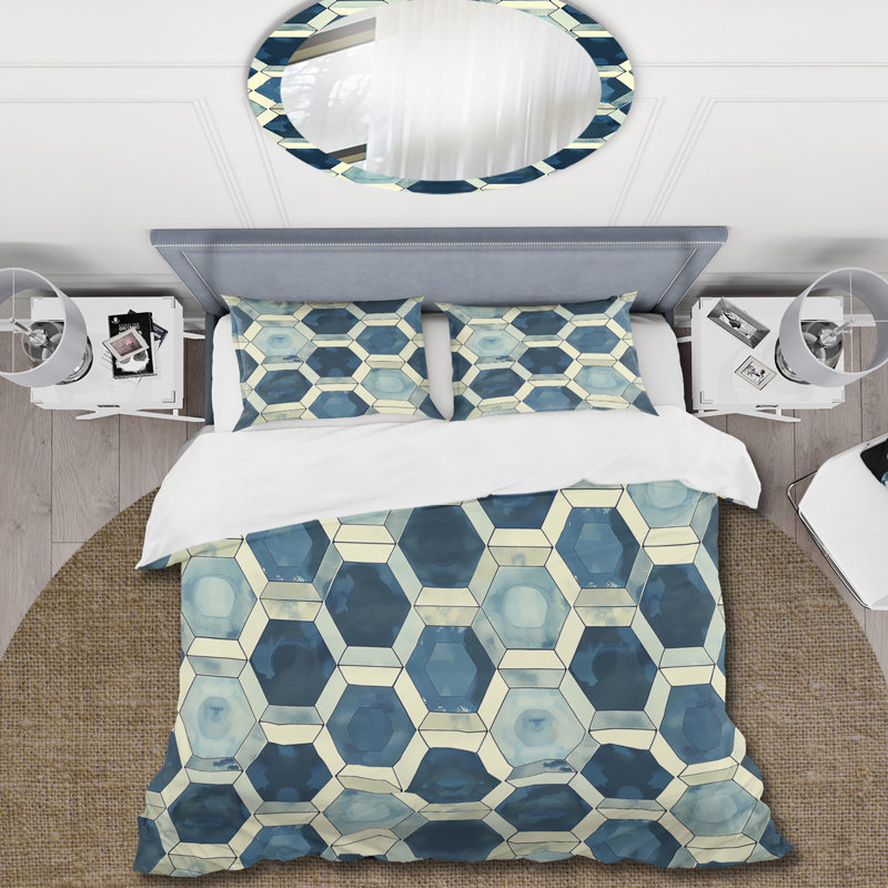 Ensemble de housse de couette Blue Beige Midcentury Hexagon Print IV - Midcentury