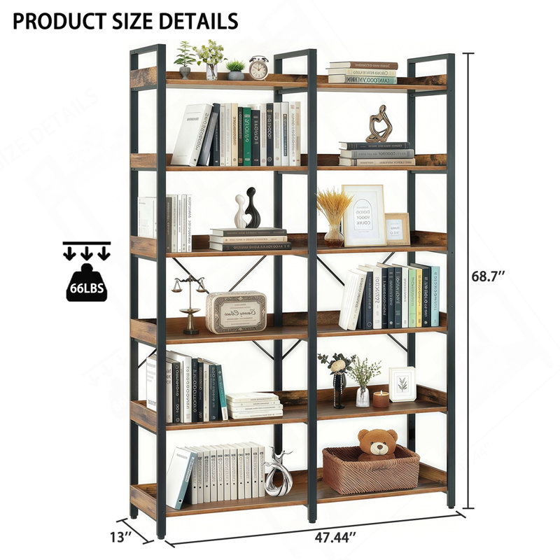6-Tier Industrial Bookshelf, 67" Wooden Bookshelf With Open Shelves, Freestanding Metal Frame Bookcase For Storage And Display, Modern Book Shelves For Bedroom, Living Room And Home Office, Brown