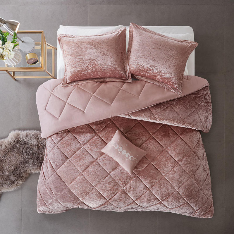 Ensemble d'édredon en velours 4 pièces, Rosé, Édredon double + 3 pièces supplémentaires