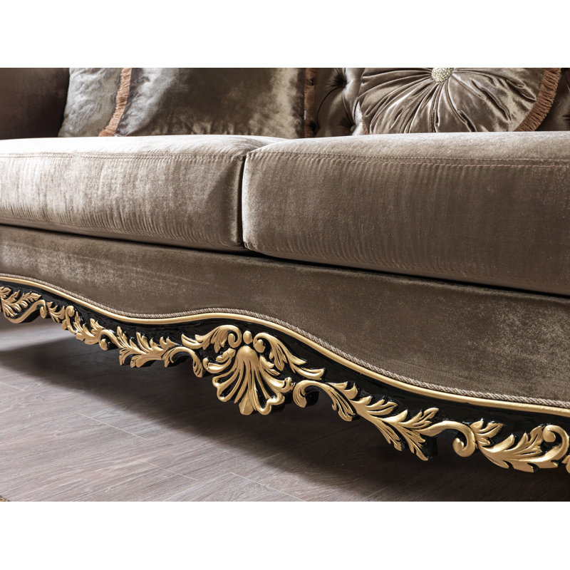 Haben Button Tufted Sofa with 5 Pillows in Light Green, Gold and Black High Gloss