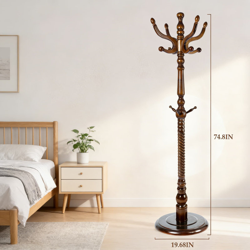 Heavy-Duty Freestanding Wood Coat Rack With 14 Hooks, Adjustable Height For Entryway, Living Room, Bedroom, And Home Office Organization